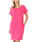 Zenana Rolled Short Sleeve Dress in Rose - My Pampered Life Seattle