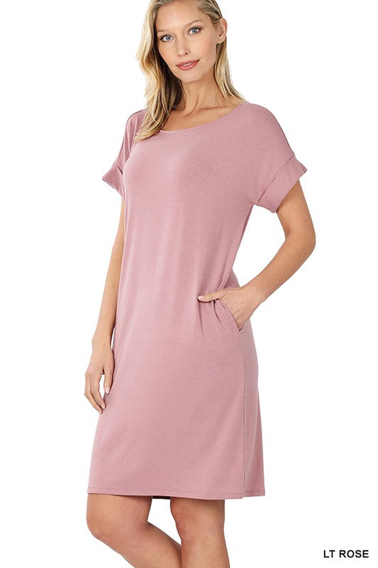 Zenana Rolled Short Sleeve Dress in Rose - Online Only