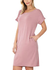 Zenana Rolled Short Sleeve Dress in Rose - Online Only