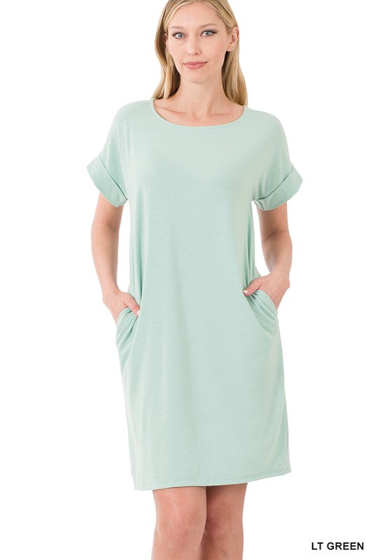 Zenana Rolled Short Sleeve Dress in Rose - Online Only