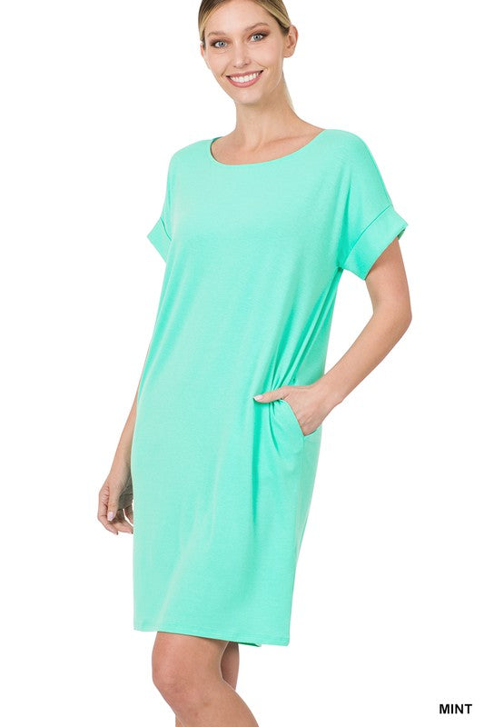 Zenana Rolled Short Sleeve Dress in Rose - Online Only