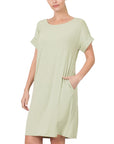 Zenana Rolled Short Sleeve Dress in Rose - My Pampered Life Seattle