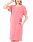 Zenana Rolled Short Sleeve Dress in Rose - Online Only