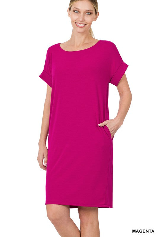 Zenana Rolled Short Sleeve Dress in Rose