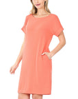 Zenana Rolled Short Sleeve Dress in Rose - Online Only