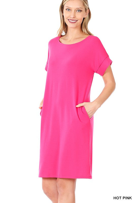 Zenana Rolled Short Sleeve Dress in Rose