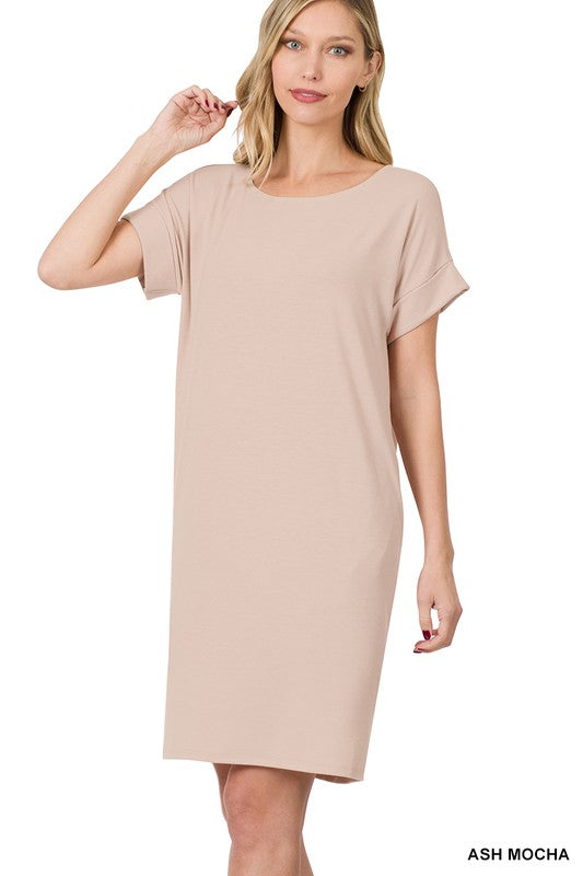 Zenana Rolled Short Sleeve Dress in Rose - Online Only