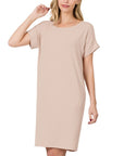 Zenana Rolled Short Sleeve Dress in Rose - My Pampered Life Seattle