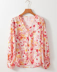 Women Pink Floral Bubble Sleeve V Neck Blouse