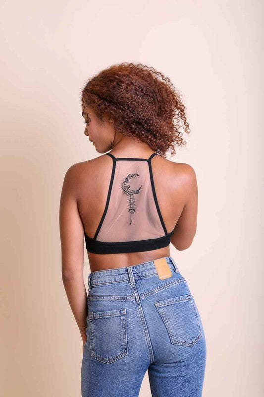 Leto Accessories Crescent Moon Dream Catcher Tattoo Mesh Bralette
