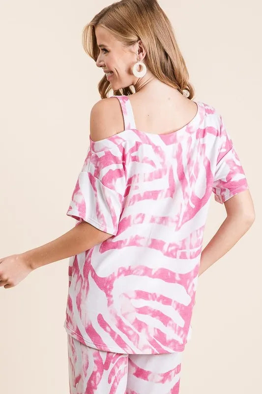 BiBi Zebra Print French Terry Top and Pants Set in Fuschia