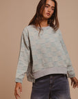 BiBi Mineral Washed Checkered Round Neck Denim Top