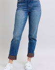 Judy Blue Full Size Plaid Print Cuff Straight Leg Jeans with Pockets