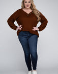 Zenana Plus Brushed Waffle V-Neck Button Detail Sweater