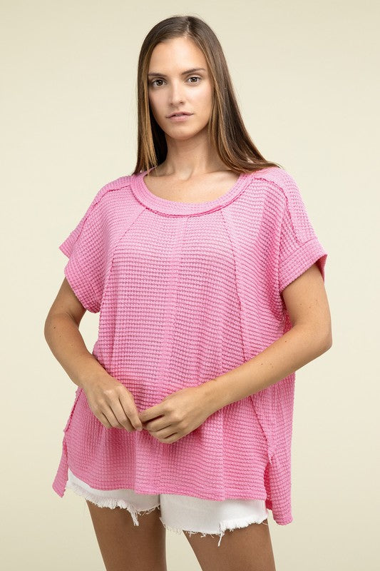 Zenana Brushed Waffle Exposed-Seam Short Sleeve Top