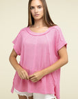 Zenana Brushed Waffle Exposed-Seam Short Sleeve Top