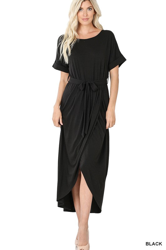 Zenana Belted Short Sleeve Tulip Dress - Online Only