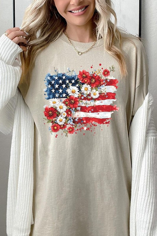 PLUS Floral American Flag Graphic Plus Heavy Cotton Tee