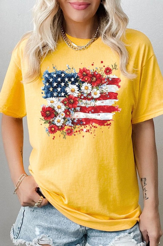 PLUS Floral American Flag Graphic Plus Heavy Cotton Tee
