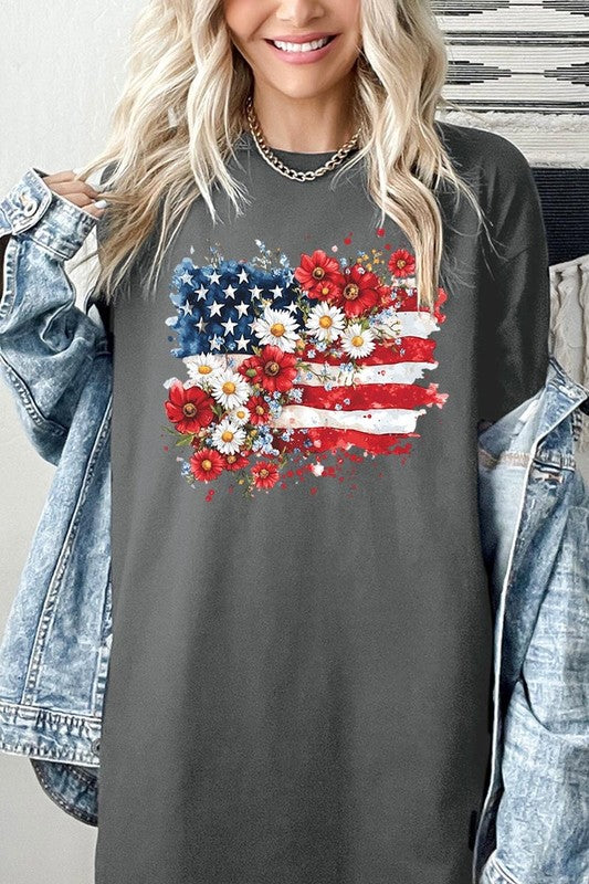 PLUS Floral American Flag Graphic Plus Heavy Cotton Tee