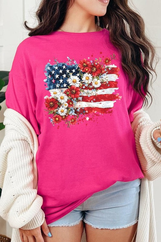 PLUS Floral American Flag Graphic Plus Heavy Cotton Tee