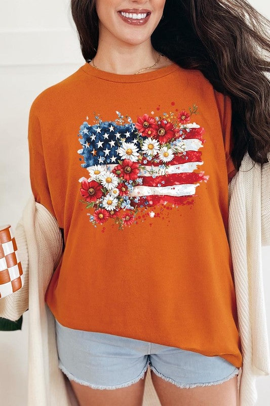 PLUS Floral American Flag Graphic Plus Heavy Cotton Tee