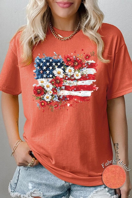 PLUS Floral American Flag Graphic Plus Heavy Cotton Tee
