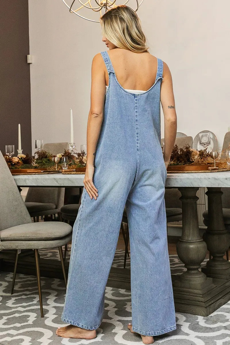 BiBi Washed Denim Buttoned Overall Jumpsuit