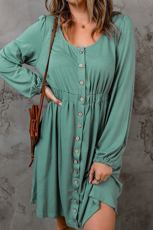 Solid Button-Up Scoop Neck Dress