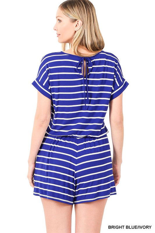 Zenana Striped Romper with Pockets - Online Only