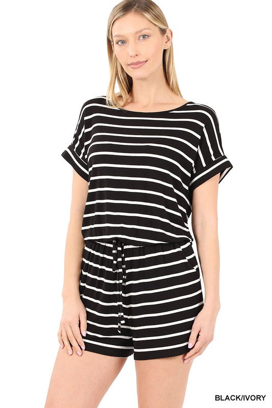 Zenana Striped Romper with Pockets - Online Only