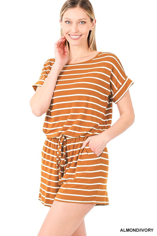 Zenana Striped Romper with Pockets - Online Only
