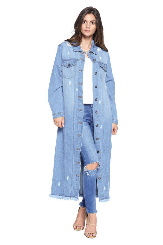 Distressed long 2024 denim jacket