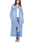 Women's Long Denim Jacket with Distressed Wash - Online Only