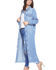 Women's Long Denim Jacket with Distressed Wash - Online Only