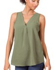 Zenana Woven Airflow V-Neck Sleeveless Top