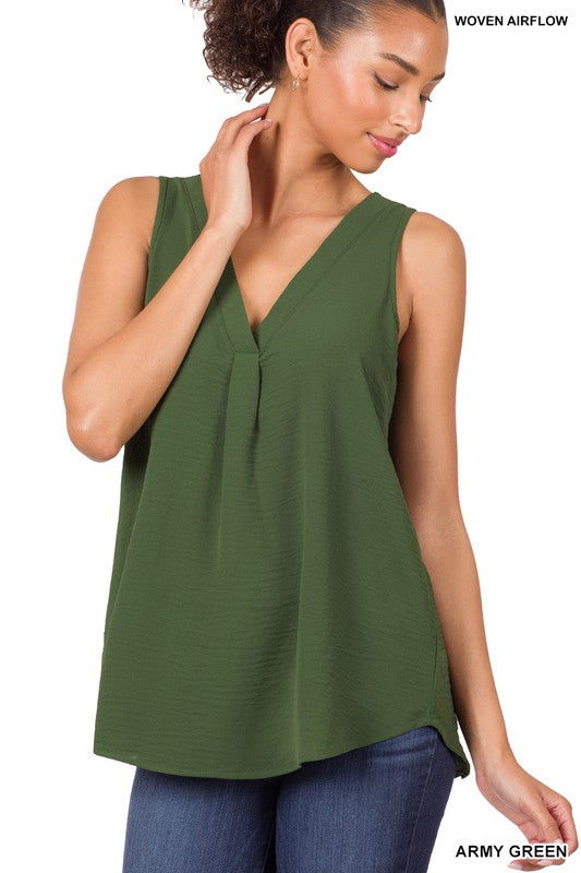 Zenana Woven Airflow V-Neck Sleeveless Top - Online Only