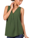 Zenana Woven Airflow V-Neck Sleeveless Top - Online Only