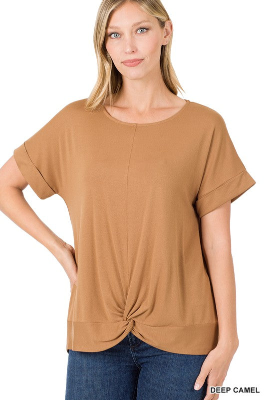 Zenana Rayon Spandex Crepe Knot Front Top