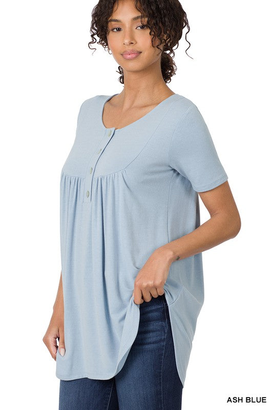 Zenana Short Sleeve Dolphin Hem Shell Button Top