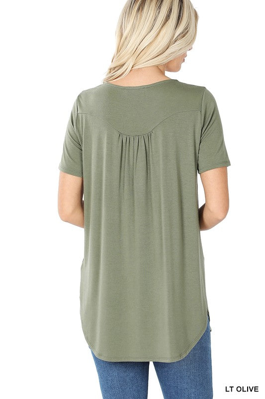 Zenana Short Sleeve Dolphin Hem Shell Button Top - Online Only