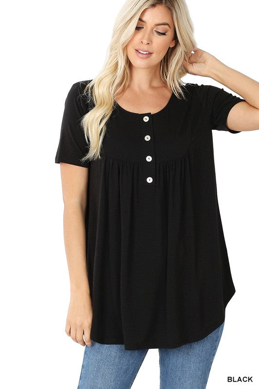 Zenana Short Sleeve Dolphin Hem Shell Button Top - Online Only