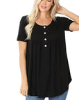 Zenana Short Sleeve Dolphin Hem Shell Button Top - Online Only