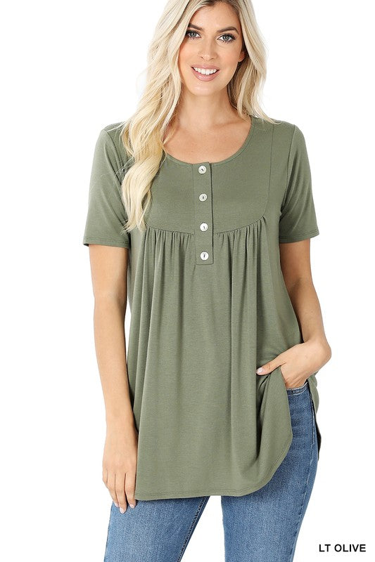 Zenana Short Sleeve Dolphin Hem Shell Button Top