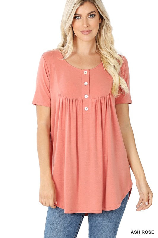 Zenana Short Sleeve Dolphin Hem Shell Button Top - Online Only