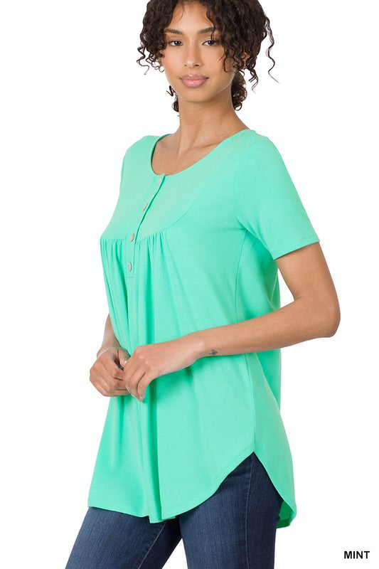 Zenana Short Sleeve Dolphin Hem Shell Button Top - Online Only