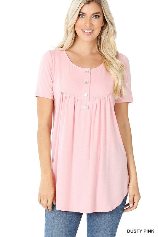 Zenana Short Sleeve Dolphin Hem Shell Button Top - Online Only