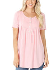 Zenana Short Sleeve Dolphin Hem Shell Button Top - Online Only