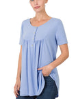 Zenana Short Sleeve Dolphin Hem Shell Button Top - Online Only