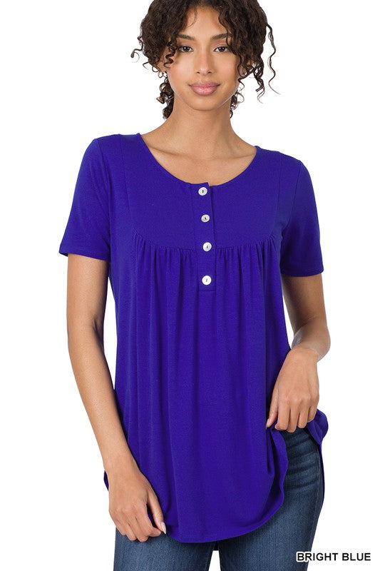 Zenana Short Sleeve Dolphin Hem Shell Button Top - Online Only